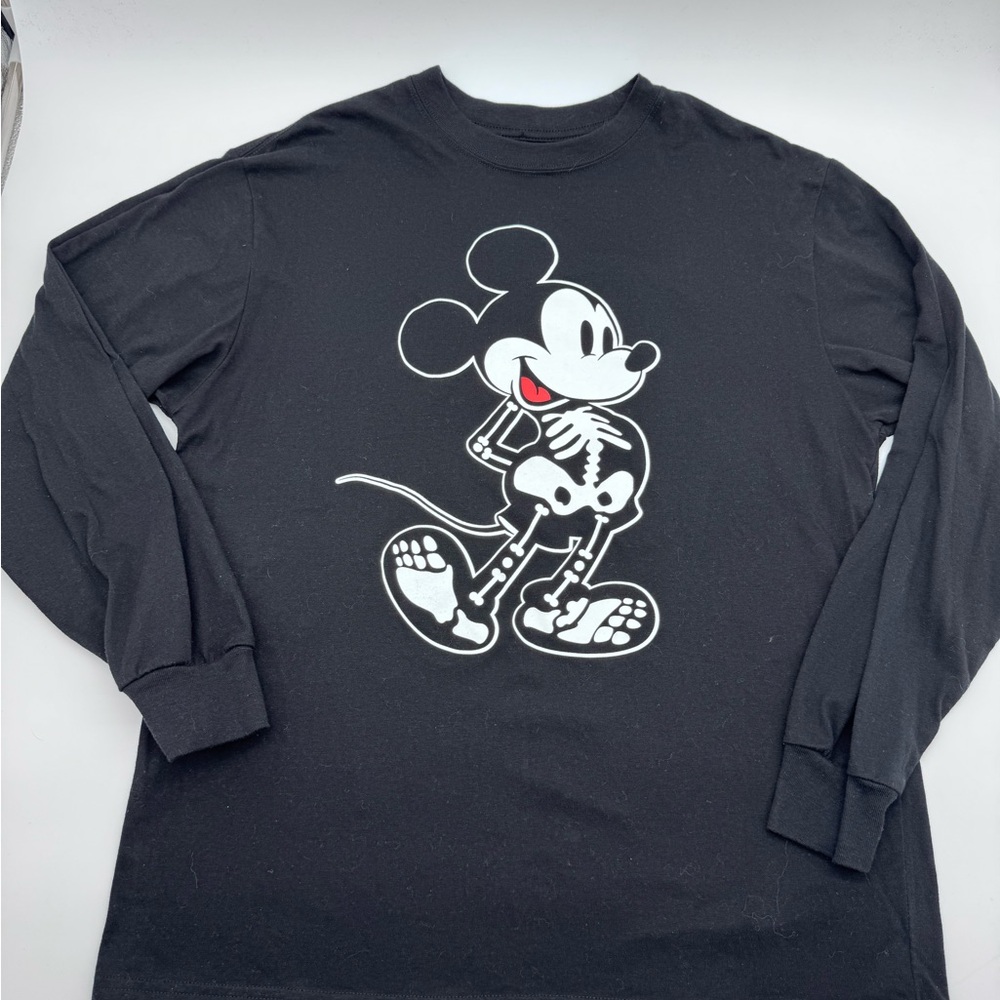 Disney Black Long Sleeve Shirt with Skeleton Mickey Design, Size Large